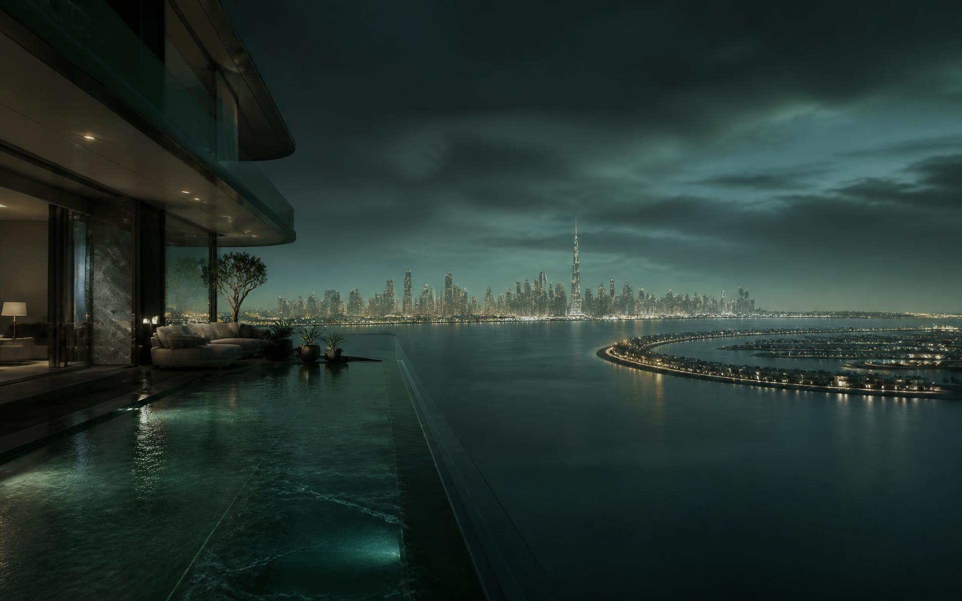 Dubai skyline at dusk seen from a private penthouse terrace